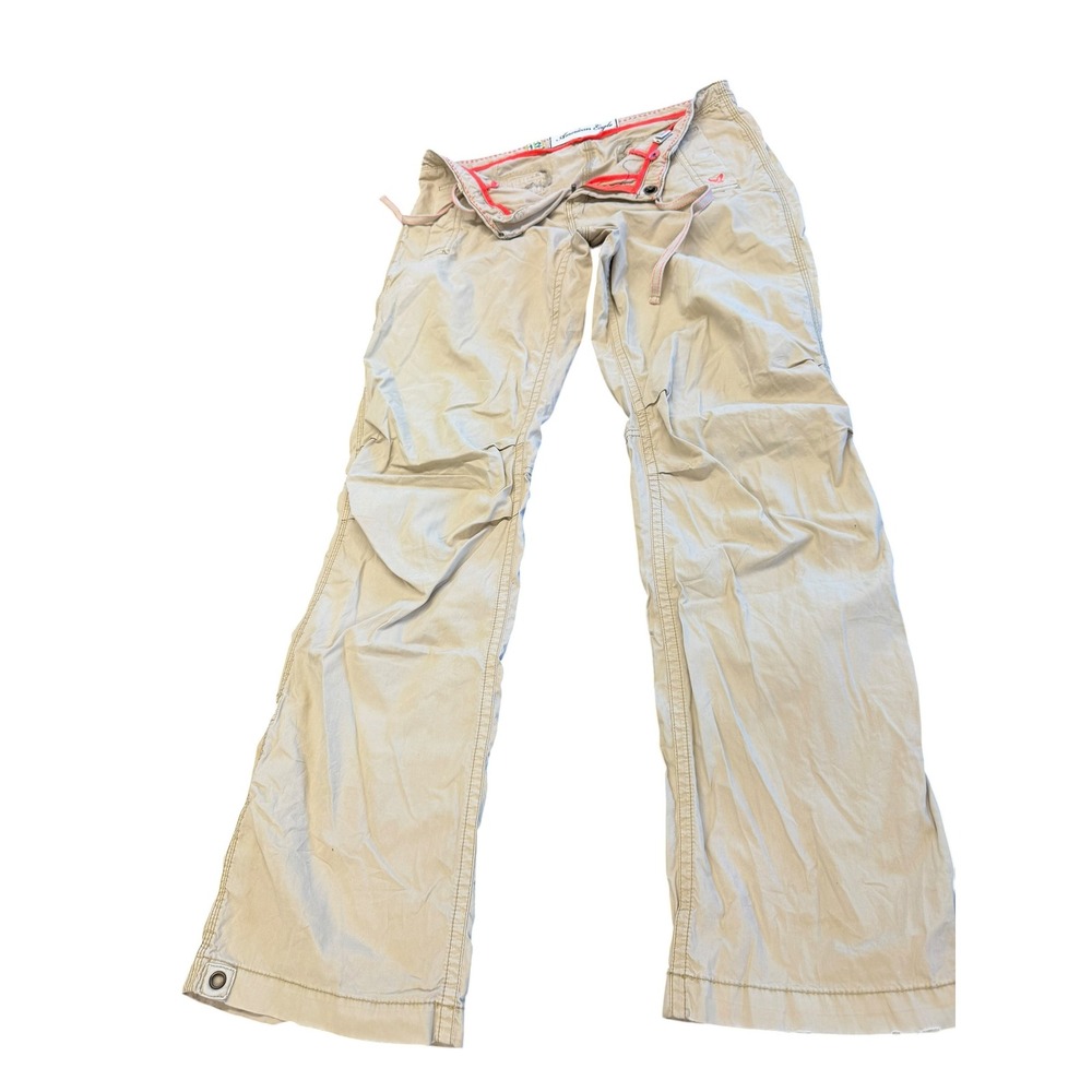 American Eagle Tan Cargo Pants Womens 12 Long Wide Leg Drawstring Khaki Utility